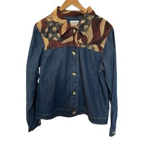 Coldeater Creek Women's Denim Jacket with American Flag Design Blue/Red Large